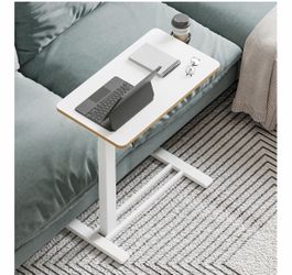 Medical Overbed Adjustable Bedside Table with Hidden Casters, Pneumatic Mobile Rolling Laptop Standing Desk with Tray for Home and Hospital Use, White