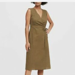 Brand New Woman’s Banana Republic brand Linen-Cotton Wrap Sleeveless Mustard Yellow Dress Up For Sale