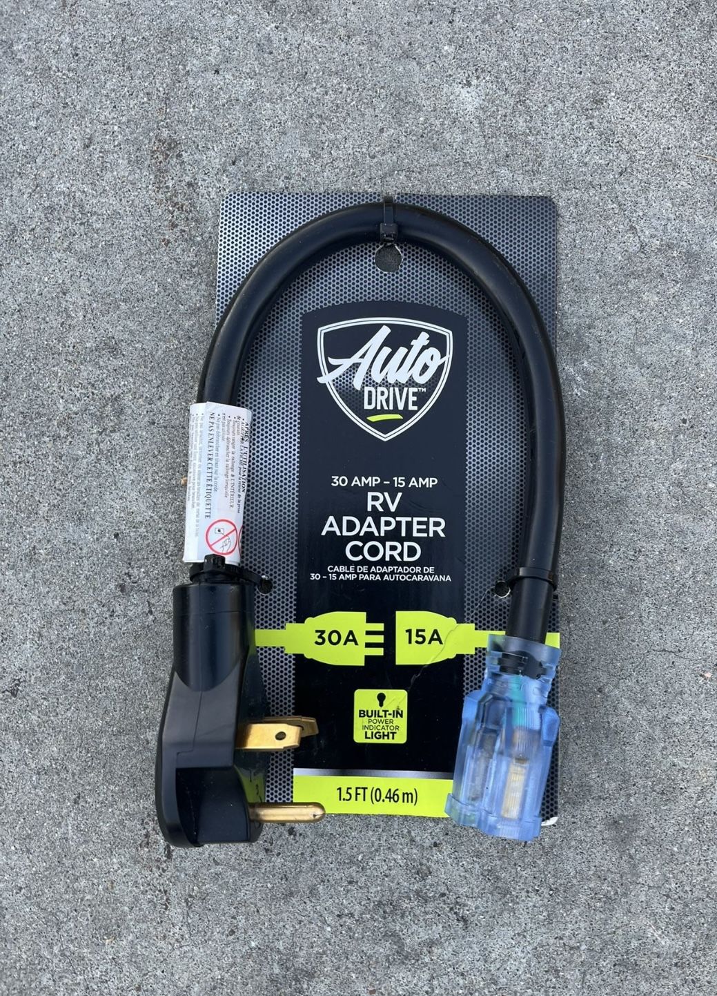 Power Cord-RV Adapter Cord, at 1.5 Ft Long, 30 AMP to 15 AMP, Built in Power Indicator Light. “BRAND NEW” by Auto Drive.