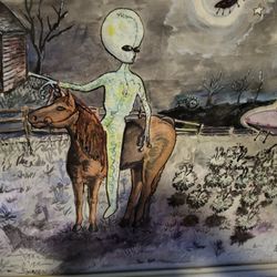 Original Watercolor UFO & Visitors Absolutely Brilliant Painting 