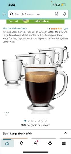 Vivimee Large Glass Coffee Mugs, Clear, Set of 6, 15 oz with Handles for Hot Beverages, Clear Mugs for Tea, Cappuccino, Latte