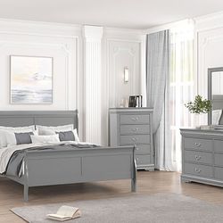 4 Piece Queen Bedroom Set- Queen Bed, Nightstand, Dresser & Mirror 