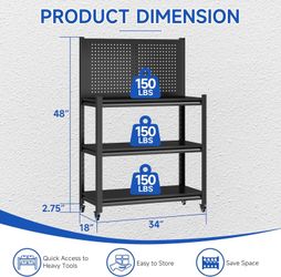 48" Adjustable Workbench with Pegboard,Heavy Duty Steel Work Bench with Lockable Wheels,Metal Rolling Work Table,3-Tier Metal Tool Storage Bench for G