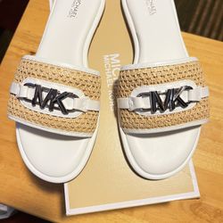 Michael Kors White and Tan Slide Sandals with Braided Strap
