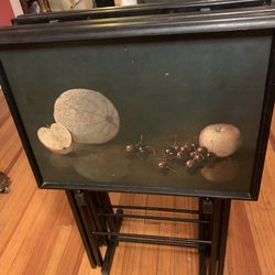 Vintage Artex MCM "Butlerette" Folding TV Tray Tables with Stand, Set of 4 w/Still Life Fine Art