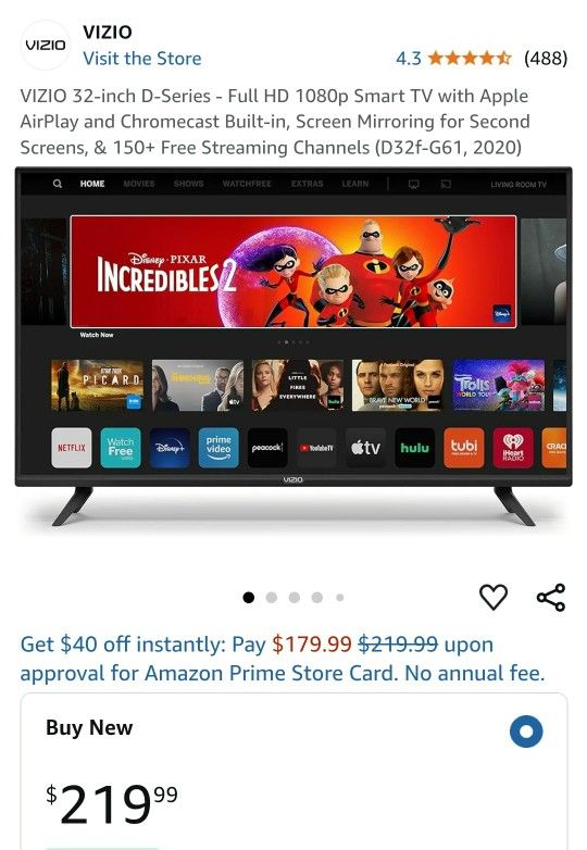VIZIO 32-inch D-Series - Full HD 1080p Smart TV with Apple AirPlay and Chromecast Built-in, Screen Mirroring for Second Screens, & 150+ Free Streaming