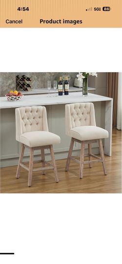 26" Swivel Bar Stools Set of 2, Counter Height Barstools with Back, Linen Fabric Upholstered Bar Stools, Modern Barstools Wood Legs for Kitchen Island