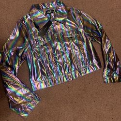 New Medium holographic metallic rainbow rave festival short jacket coat evening