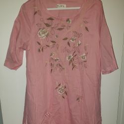 Linen Dress for Women Pink Flowy Embroidered Maxi Dress