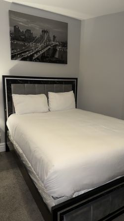 Queen Size Glam Bed Frame - Black with Silver Glitter Trim & Gray Upholstered Headboard Set