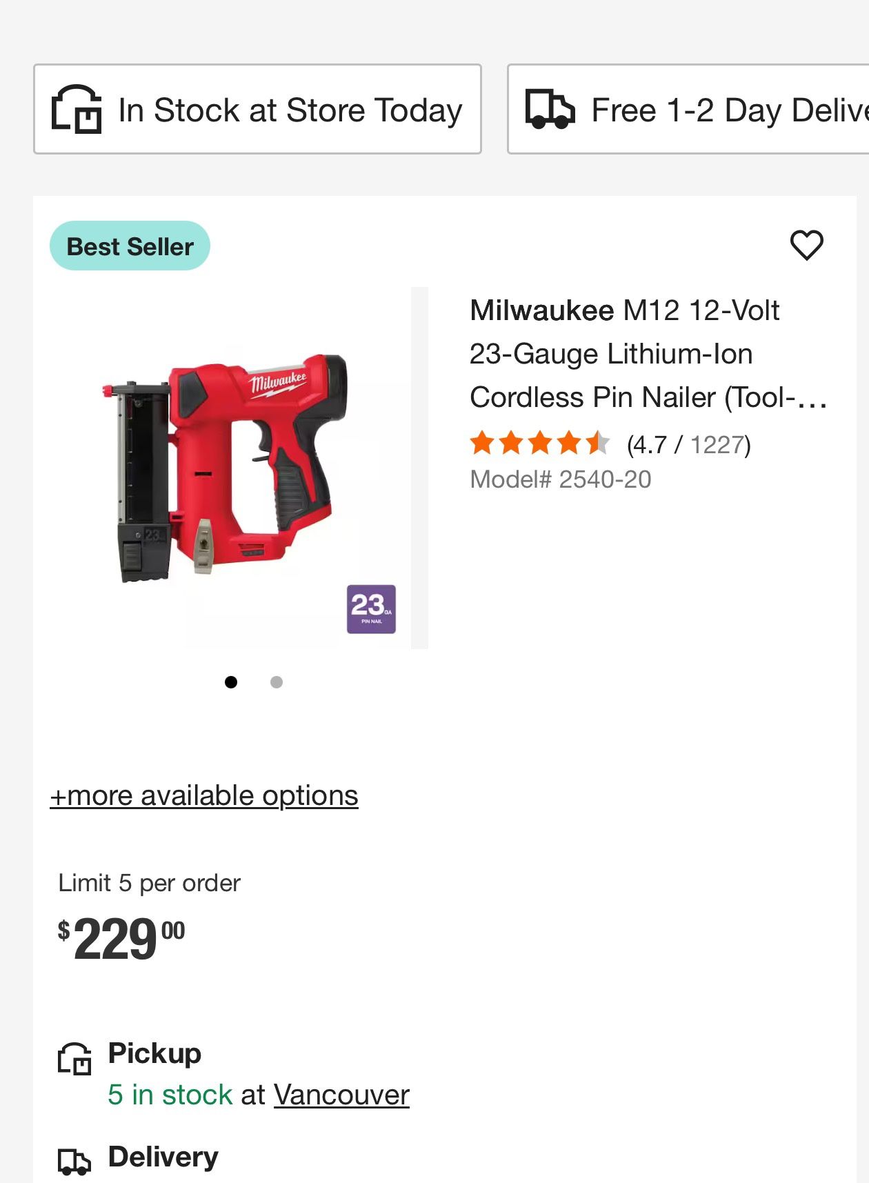 Milwaukee M12 12-Volt 23-Gauge Lithium-Ion Cordless Pin Nailer (Tool-Only
