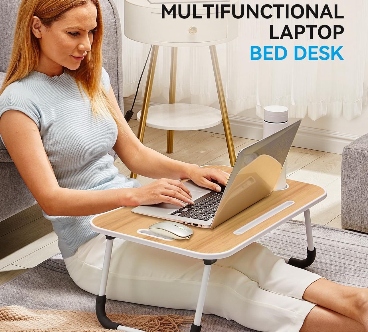 BUYIFY Folding Lap Desk, 23 Inch Portable Wood Yellow Laptop Bed Desk Lap Desk with Cup Holder, for Working Reading Writing, Eating, Watching Movies f