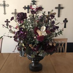 Large Flower Arrangement In Wood Vase