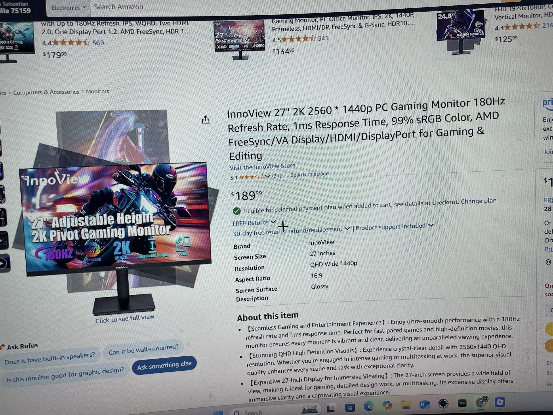 Gaming Monitor 180hz Brand New