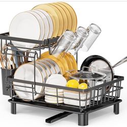 Large Dish Drying Rack with Drainboard, 2 Tier Stainless Steel Drying Racks for Kitchen Counter,Detachable Dish Drainer Organizer Shelf with Utensil H