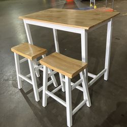 Wood Table & 2 Wood Stools White & Wood
