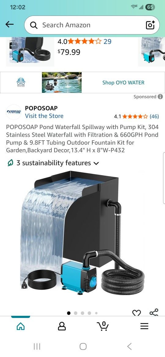 Pond Waterfall Spillway with Pump Kit, 304 Stainless Steel Waterfall with Filtration & 660GPH Pond Pump & 9.8FT Tubing Outdoor Fountain Kit for Garden