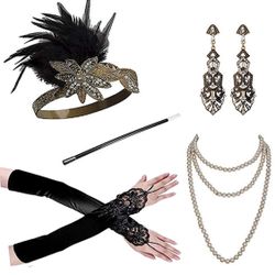 1920s Flapper Gatsby Costume Accessories Set 20s Flapper Headband Pearl Necklace Gloves Cigarette Holder     Juego de accesorios para disfraz de los a