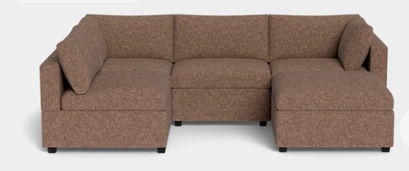 Albany Park - Kova Box Cushion L-Shape Sectional Sofa w/Storage Ottoman 122” x 79” Mocha
