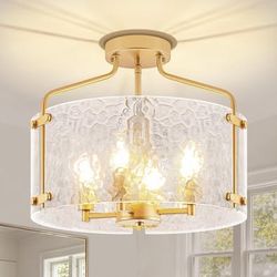 15.3'' Gold Semi Flush Mount Ceiling Light Modern, 4-Light Textured Glass Drum Chandelier