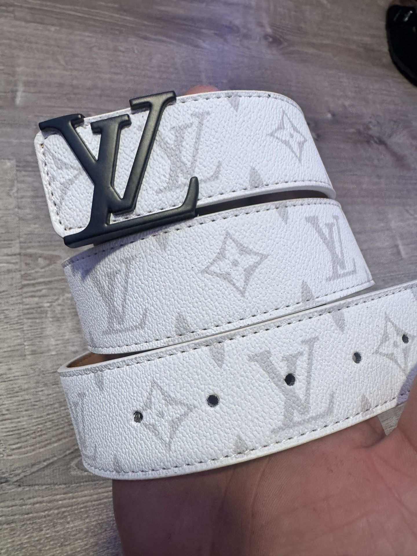 White LV Belt With Black Buckle 
