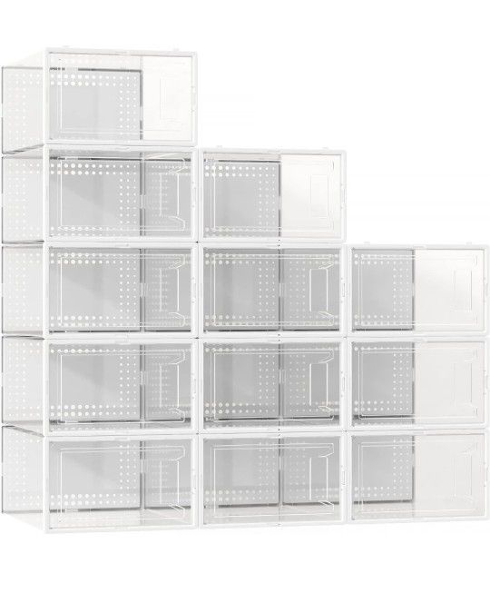 10 Pack Large Shoe Organizer Storage Boxes for Closet, Modular Space Saving Shoe Boxes Clear Plastic Stackable Sneaker Containers Display Case with Li