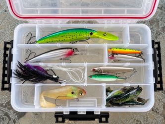 Large Fishing Tackle Lot with Okkeechobee Bag, Lures, Hooks, Weights & Accessories