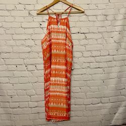 Charming Charlie Women’s Halter Tie Print Midi Dress Coral & White Size L NWT