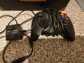 Original Microsoft Xbox Controller with Super Joy Box 10 PC Adapter and original memory unit