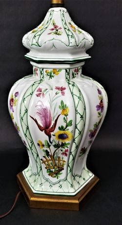 XL Vintage Hand Painted Birds Flowers Italian Ceramic Porcelain Table Lamp