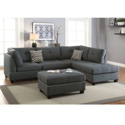 Grey Linen Like Fabric Reversible Sectional Sofa With Ottoman Brand New In Box Firm Price $520
