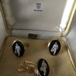 Midcentury Kinney 24 Kt Gold Electroplate Cufflinks and Tie Tack Set Unique