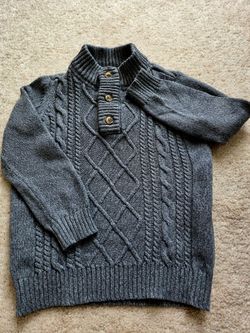 Gray Cable Knit Button-Neck Sweater