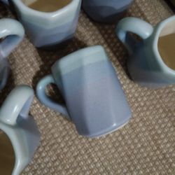 Signed 6 Mugs Set Rodolfo Padilla Ceramic Art  Blue Green Lavender pastel color