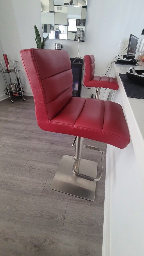 Two Genuine Leather Adjustable Height Bar Stools - Red