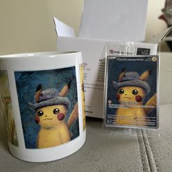 Promo card Pikachu with grey felt hat Pokémon x Van Gogh Museum + Mug
