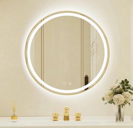 30 Inch Round Gold Framed LED Bathroom Mirror With Lights,Wall-Mounted Lighted Bathroom With 3 Colors Brightness,Anti-Fog,Dimmable Brightness, Waterpr