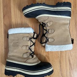 Sorel Youth Caribou WARM Winter Snow Boots Beige Leather Waterproof Insulated - Youth Size 5, Women Size 7