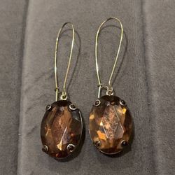 Gold-tone Dangly Earrings With Large Brown Tone Stones 