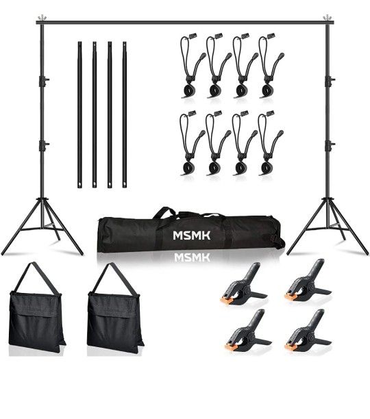 MsMk Photo Video Studio Backdrop Stand with 8 Spring & 4 Clips, 6.5ft x 10ft Adjustable Muslin Background Support System Kit with Sand Bag, Carry Bag