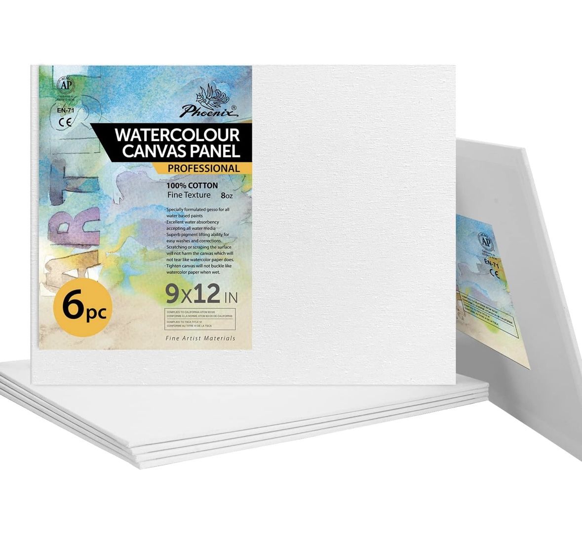 Watercolor Canvas Panels 9x12 Inch, 6 Pack