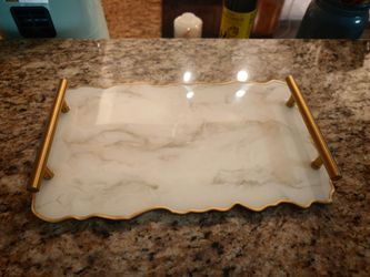 Marble-Look Decorative Tray with Gold Handles