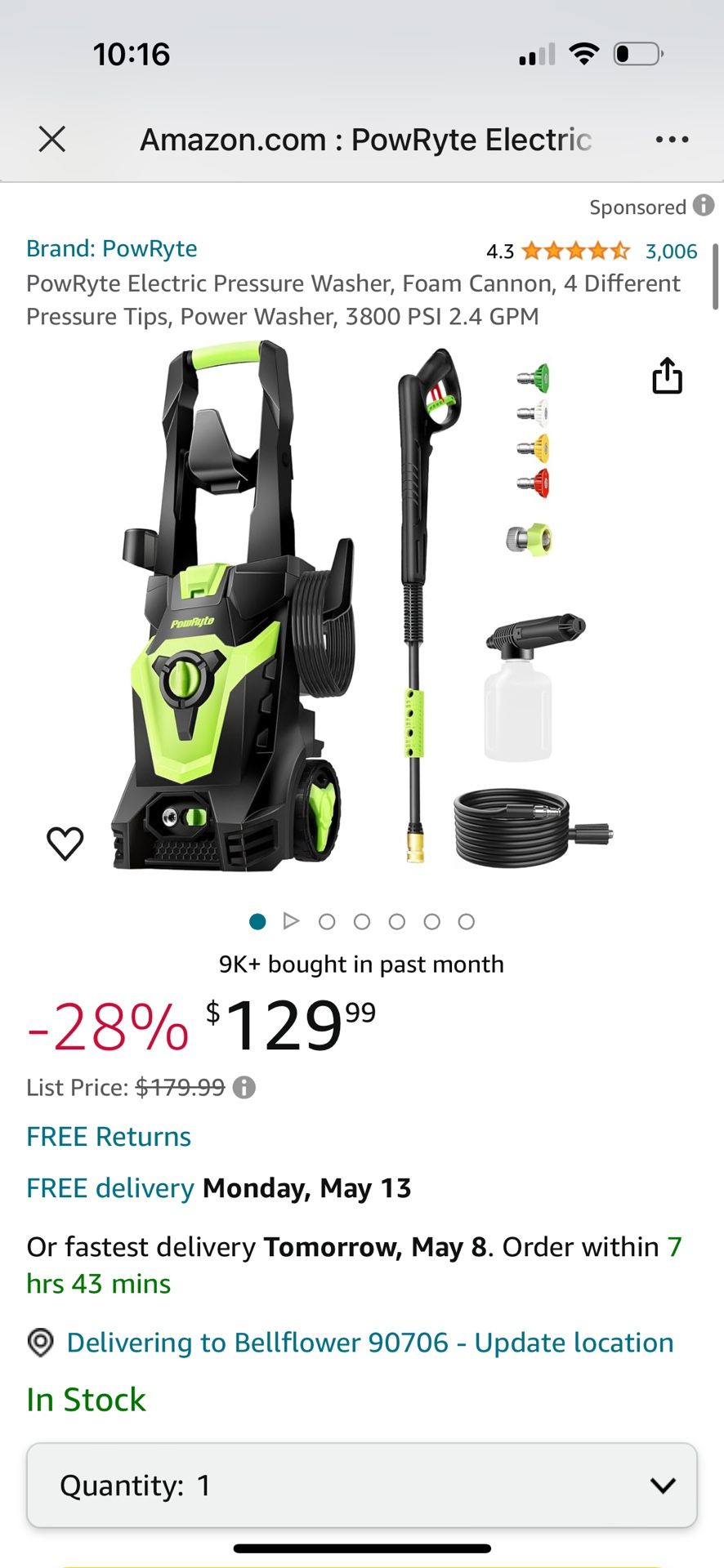 PowRyte Electric Pressure Washer, Foam Cannon, 4 Different Pressure Tips, Power Washer, 3800 PSI 2.4 GPM