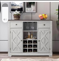 FESTIVITY 44.5Inch Wine Cabinet with Two Doors & Drawers, Open Glass & Wine Rack, Smooth Countertop