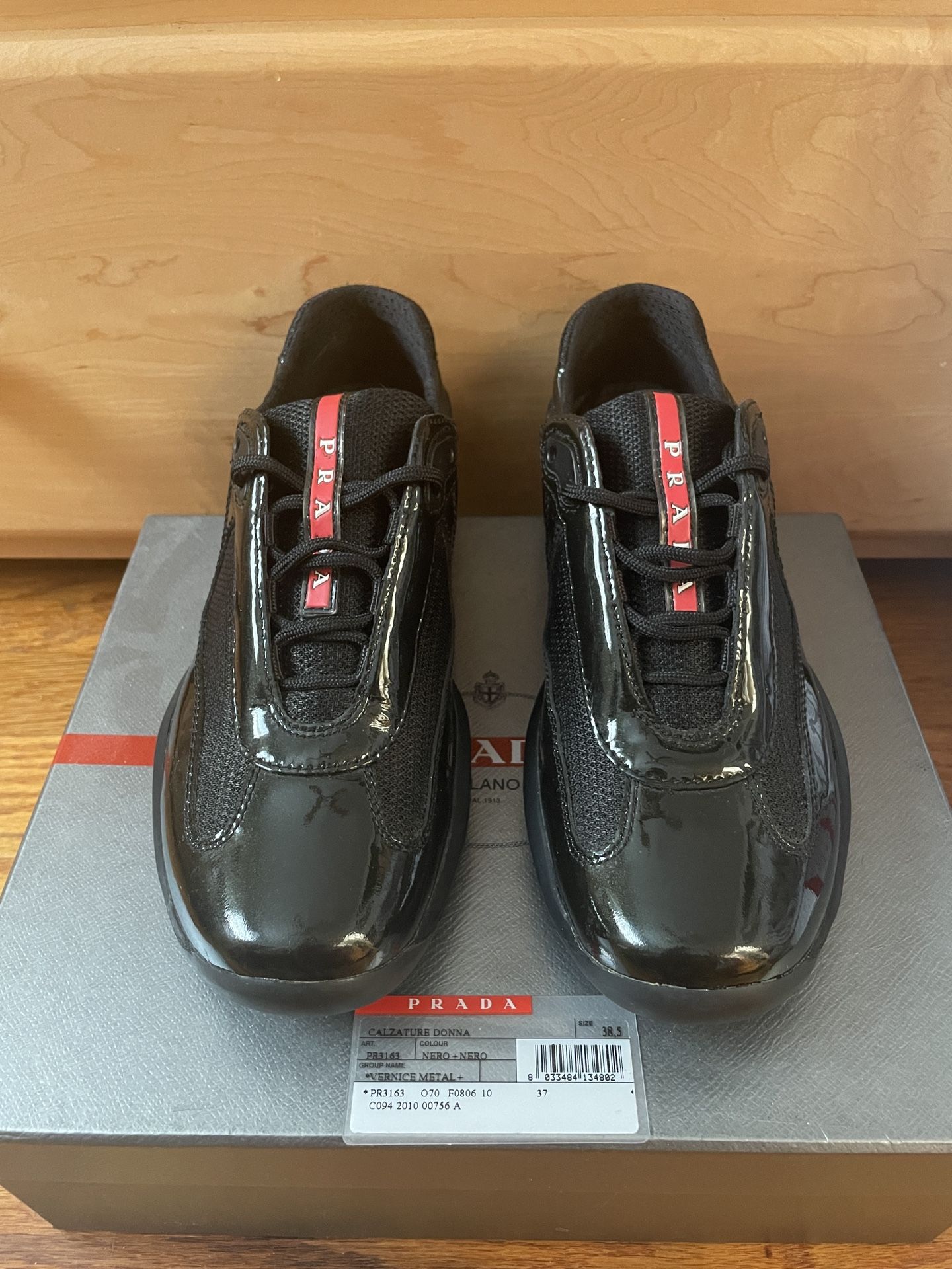 Prada- America's Cup Mens Shoes PR3163 Black Patent Leather EUR 38.5, US 6