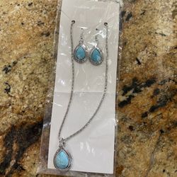 Turquoise Tear Drop Necklace And Earrings Set 