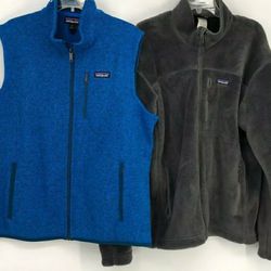 Bundle 2 Patagonia Mens Blue Black Mid-Length Full-Zip Vest And Jacket Size XL Lot Of 2