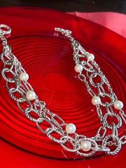 Silver-Tone Multi-Strand Mixed Chain Faux Pearl Station Toggle Necklace