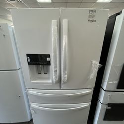 36”W Whirlpool 24.5 Cu Ft French Door Bottom Mount Refrigerator, Max Ice Capacity, 1 Yr Warranty