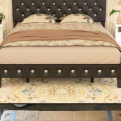 New In Box Queen Bed Frame Leather Platform Bed with Charging Station and LED